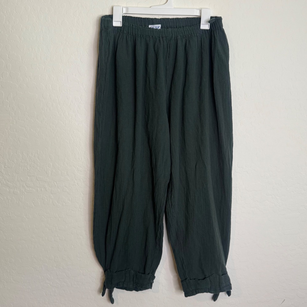Oh My Gauze Womens 100% Cotton Pants OS Green Cropped Tie Hem Tapered Boho